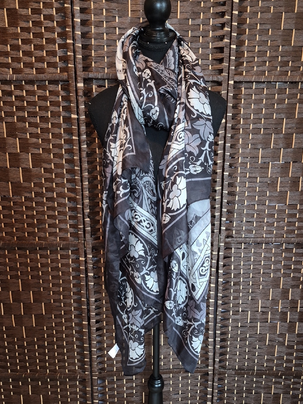 Black and Gray Floral Pattern Lightweight Silk Scarf